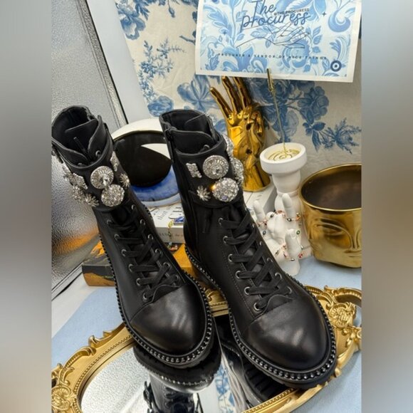 🆕 KURT GEIGER LONDON 🧿 NWOB Stoop Black Leather Combat Boot, Crystal Sz 37 US7 - Picture 5 of 15